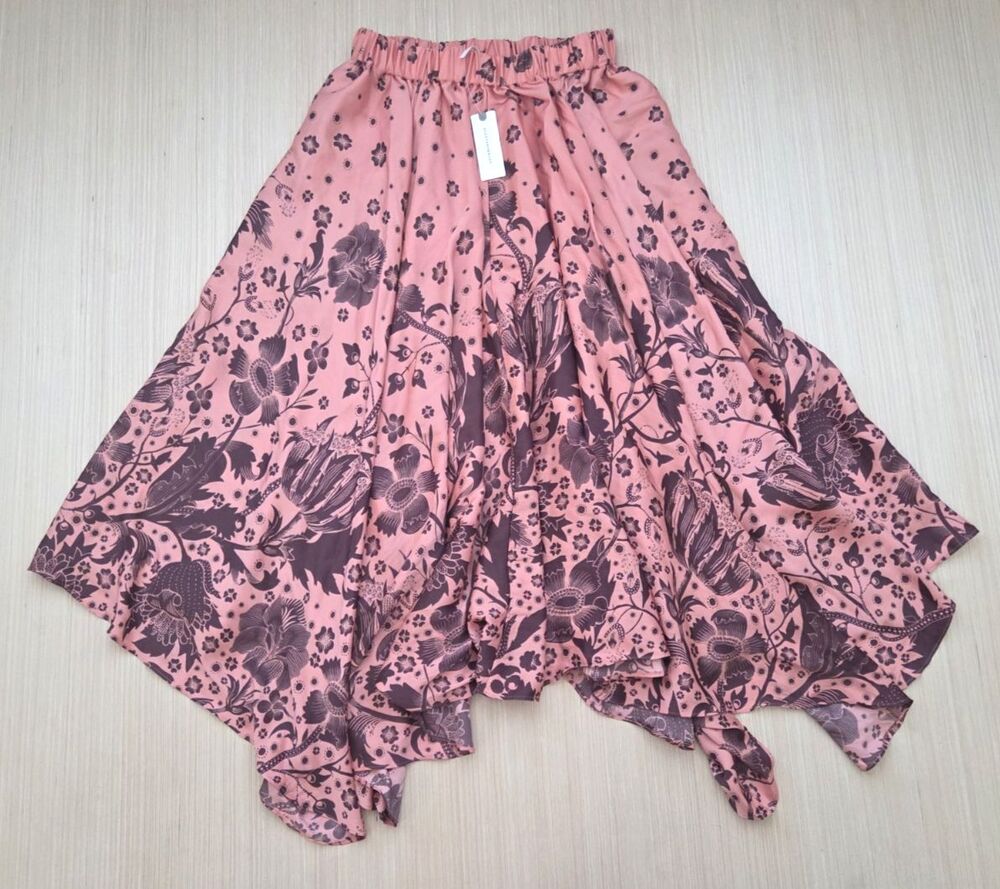 Anthropologie Florence Balducci Skirt Floral Asymmetrical Hem Coral Brown XS NEW